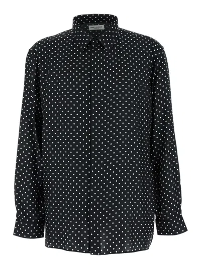 Saint Laurent Black All-over Polka Dot Pattern Shirt In Silk Man In Noir/craie