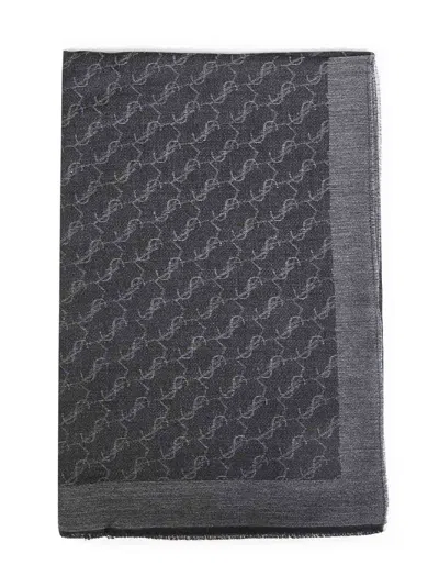 Saint Laurent Black And Dark Grey Cashmere And Silk Jacquard Cassandre Scarf In Multi