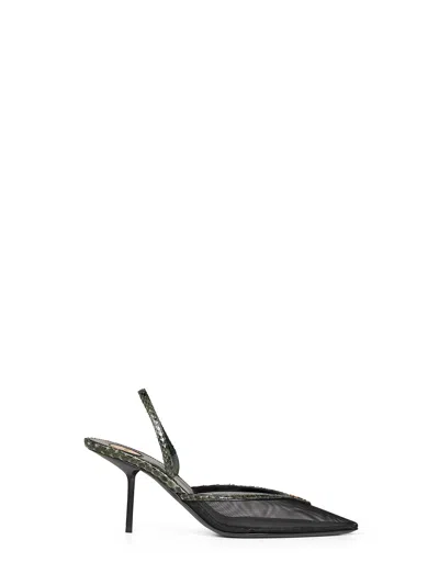 Saint Laurent Black And Green Mesh And Python Slingback Pumps