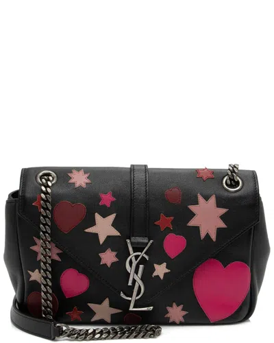 Saint Laurent Black & Pink & Red Leather Heart Patchwork Monogram Chain Wallet  (authentic Pre-loved