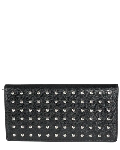 Saint Laurent Black & Silver Embellished Leather Grain De Poudre Studded Classic Marquage Flap Walle