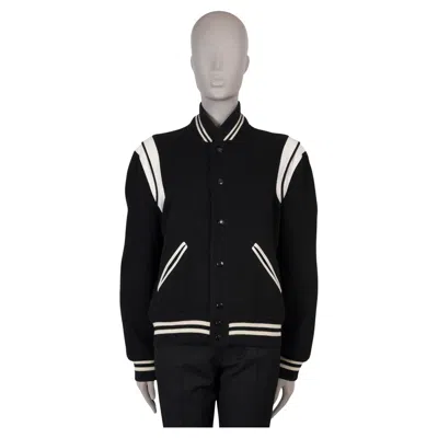 Pre-owned Saint Laurent Black & White Wool Leather Trim Teddy Bomber Jacket 48 (mens)