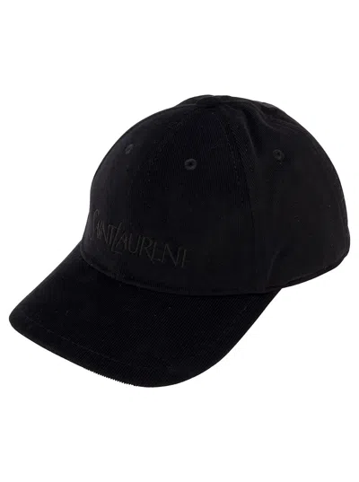 Saint Laurent Black Baseball Cap With Embossed Logo In Corduroy Man In Multicolor