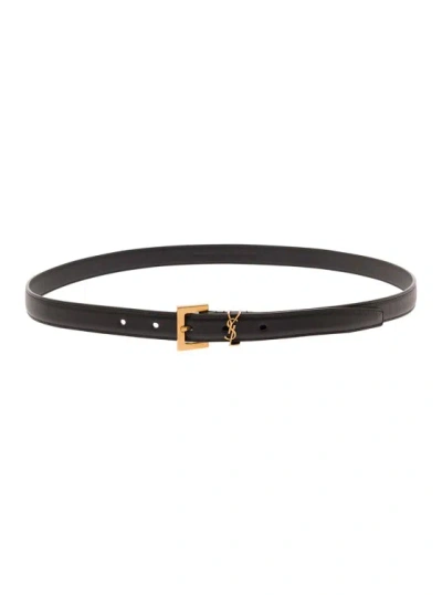 Saint Laurent Black Belt In Leather With Gold-tone Buckle And Monogram Detail In Red