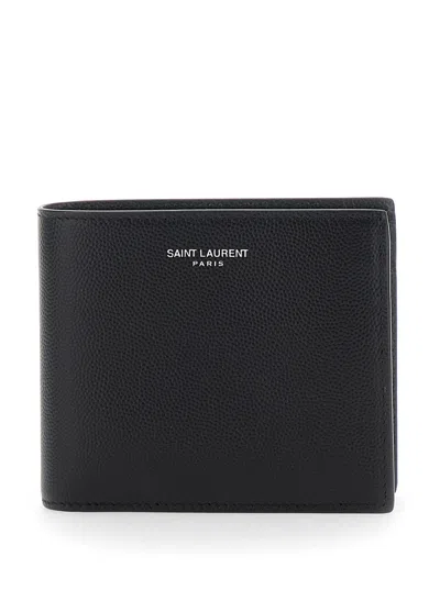 Saint Laurent Black Bi-fold Wallet With Logo Lettering On The Front In Leather Man In Multicolor