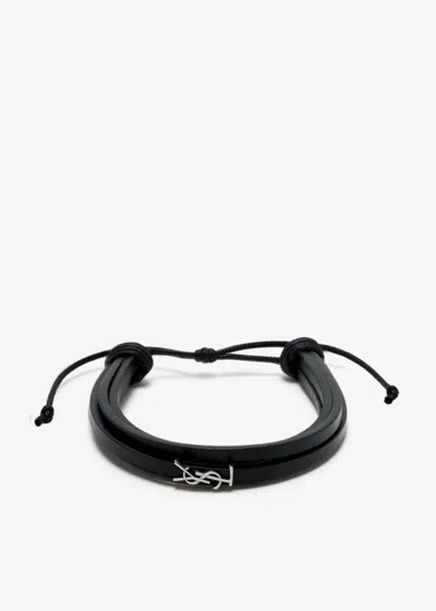 Saint Laurent Black Multi-cord Bracelet With Cassandre On The Front In Leather Man