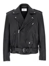 Saint Laurent Belted Leather Biker Jacket In Blue