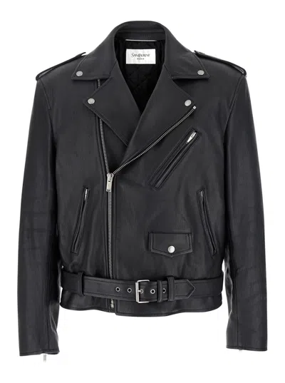 Saint Laurent Black Biker Jacket With Classic Lapels And Asymmetric Zip On The Front In Hammered Lea In Blue