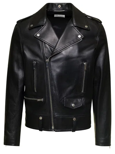 Saint Laurent Black Biker Jacket With Zipped Pockets In Smooth Leather Man In Multicolor