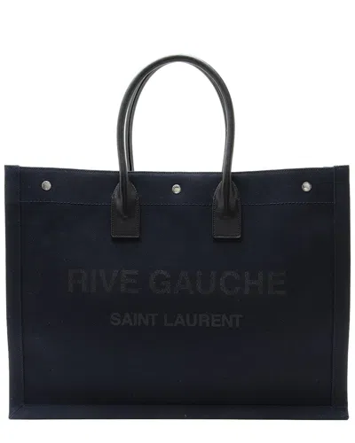 Pre-owned Saint Laurent Black, Blue Calfskin, Canvas Rive Gauche Large Tote (authentic  Pre-loved)