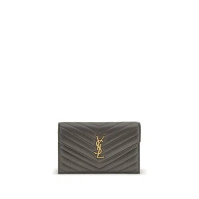 Saint Laurent Black Calf Leather Bos Taurus Wallet In Gray