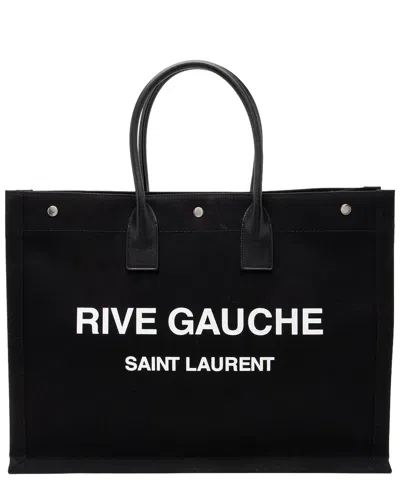 Pre-owned Saint Laurent Black Calfskin, Canvas Rive Gauche Large Tote (authentic Pre-loved) In Pink