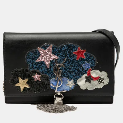 Pre-owned Saint Laurent Black Calfskin Cloud Star Applique Classic Monogram Kate Tassel Wallet On Chain