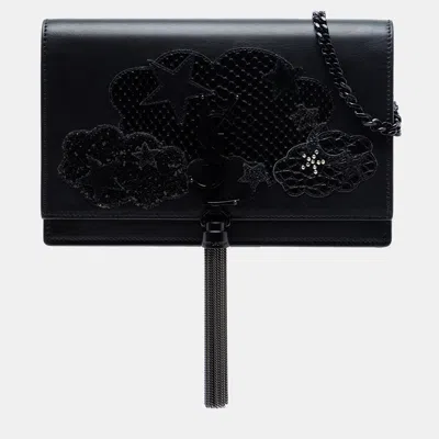 Pre-owned Saint Laurent Black Calfskin Cloud Star Applique Classic Monogram Kate Tassel Wallet On Chain