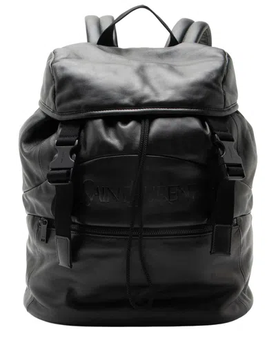 Pre-owned Saint Laurent Black Calfskin Leather, Canvas, Nylon Logo Drawstring Backpack  (authentic Pre-loved)