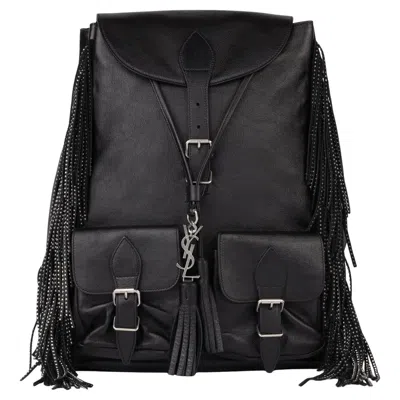 Pre-owned Saint Laurent Black Calfskin Leather Studded Fringe Festival Backpack