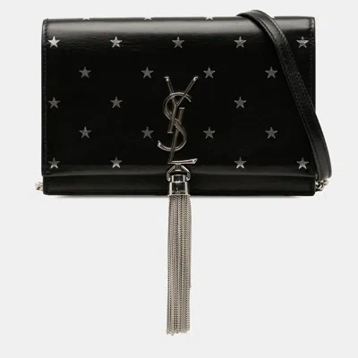Pre-owned Saint Laurent Black Calfskin Star Print Classic Monogram Kate Tassel Wallet On Chain