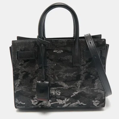 Pre-owned Saint Laurent Black Camo Suede And Leather Nano Classic Sac De Jour Tote