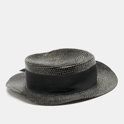 Saint Laurent Black Canotier Lacquered Straw Boater Hat S In Gray