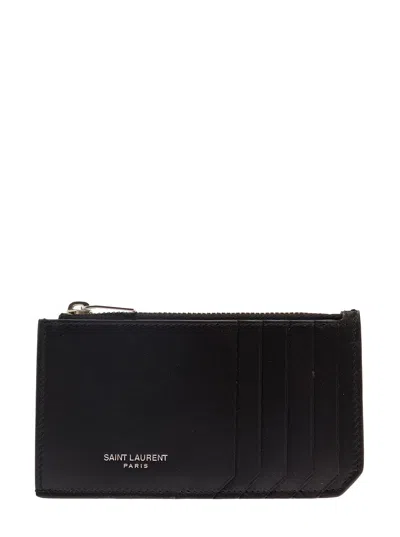 Saint Laurent Black Card-holder With Embossed Logo In Leather Man