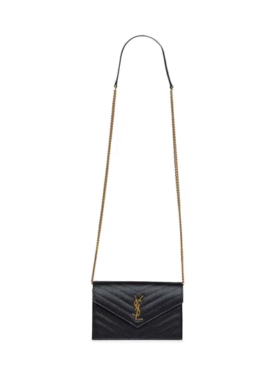 Saint Laurent Black Cassandre Classic Envelope Clutch With Chain Shoulde Strap