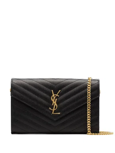 Saint Laurent Black Cassandre Leather Wallet On Chain