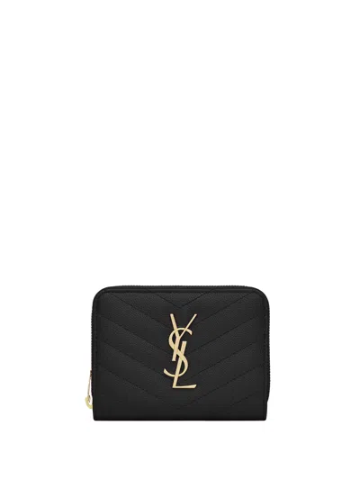 Saint Laurent Black Cassandre Quilted Compact Ziparound Wallet