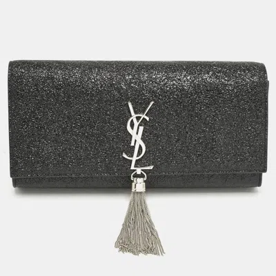Pre-owned Saint Laurent Black Ceramic Effect Leather Cassandre Tassel Clutch