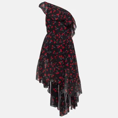 Pre-owned Saint Laurent Black Cherry Print Silk One-shoulder Asymmetric Midi Dress M