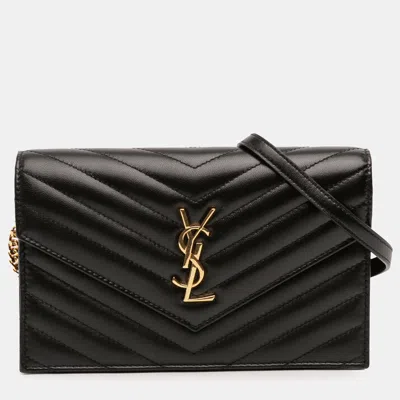 Pre-owned Saint Laurent Black Chevron Leather Cassandre Envelope Chain Wallet