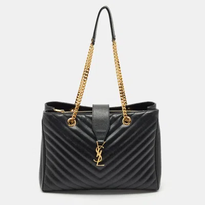 Pre-owned Saint Laurent Black Chevron Leather Cassandre Shopper Tote