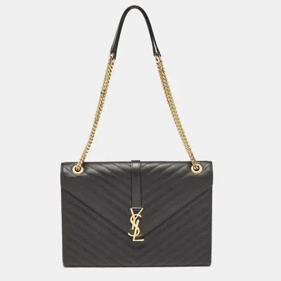 Pre-owned Saint Laurent Black Chevron Leather Large Monogram Envelope Shoulder Bag