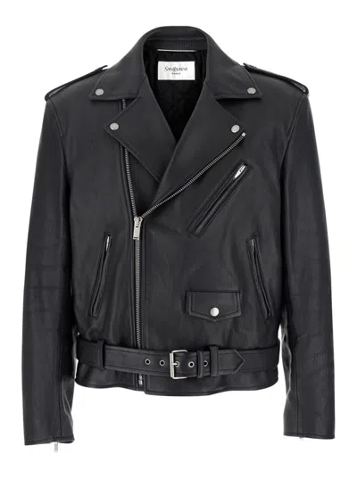 SAINT LAURENT BLACK CLASSIC LAPEL LEATHER JACKET