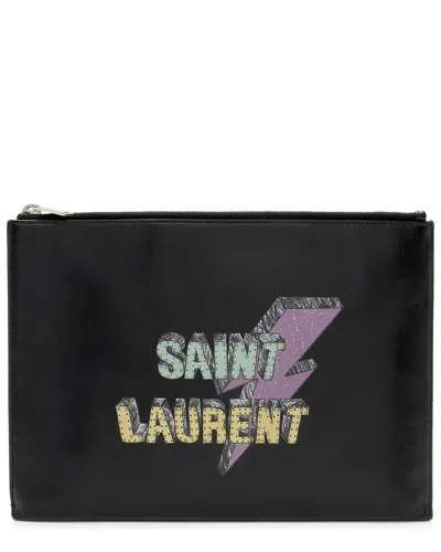 Saint Laurent Black Coated Canvas & Leather Logo Rider Pouch (authentic Pre-loved)