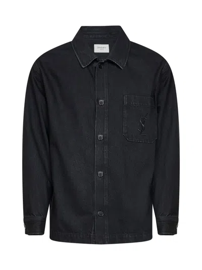 Saint Laurent Cassandre Embroidered Denim Overshirt In Black