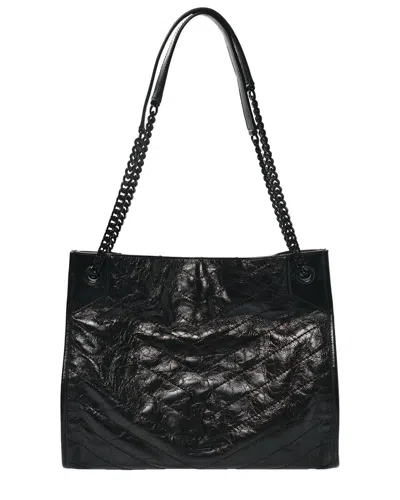 Saint Laurent Black Cracked Calfskin Leather Monogram Medium Niki Shopper Tote  (authentic Pre-loved