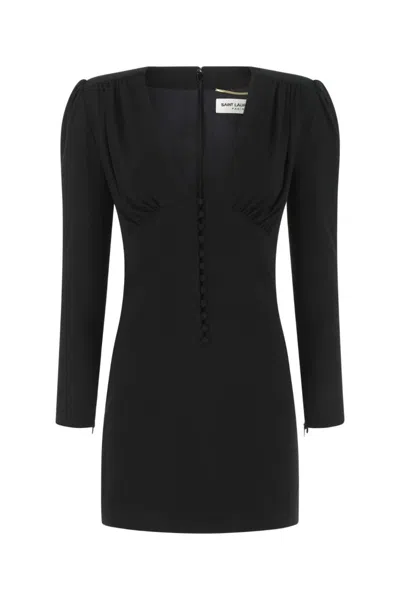 Saint Laurent Sleeve V-neck Mini Dress With Button Accents In Black