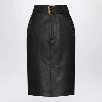 Saint Laurent Black Crinkled Calfskin Belted Pencil Skirt