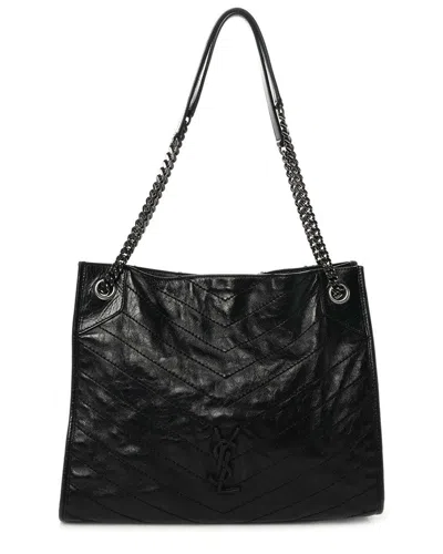 Saint Laurent Black Crinkled Calfskin Leather Monogram Large Niki Shopper Tote  (authentic Pre-loved