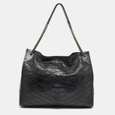 Pre-owned Saint Laurent Black Crinkled Leather Large Niko Shopper Tote