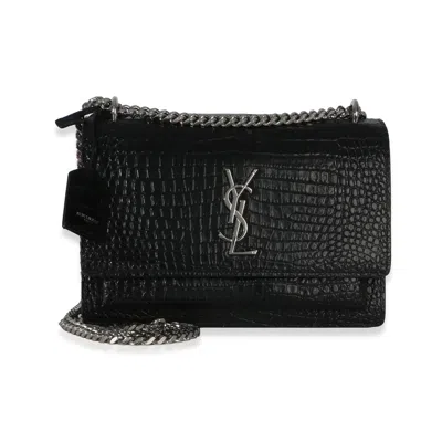 Pre-owned Saint Laurent Black Croc Embossed Calfskin Medium Monogram Sunset Bag