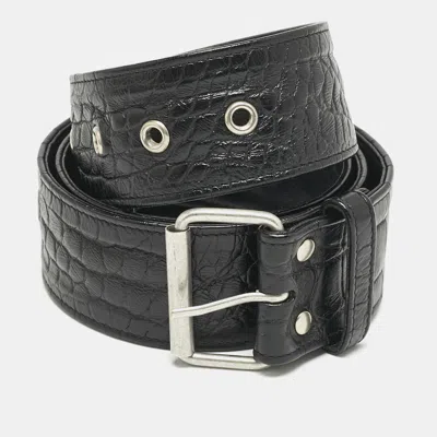 Pre-owned Saint Laurent Black Croc Embossed Leather Buckle Belt 85cm