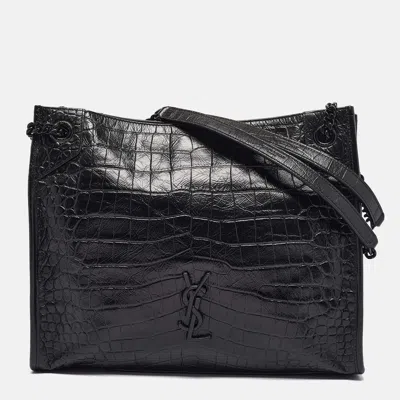 Pre-owned Saint Laurent Black Croc Embossed Leather Medium Monogram Nikki Tote