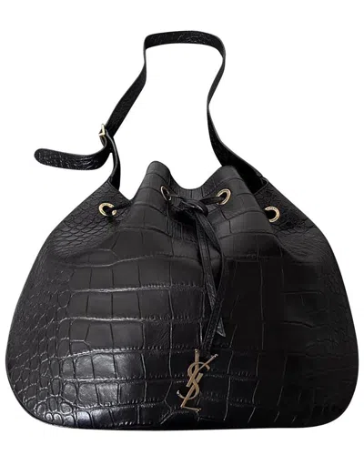 SAINT LAURENT SAINT LAURENT BLACK CROC-EMBOSSED LEATHER MEDIUM PARIS VII HOBO BAG (AUTHENTIC  PRE-LOVED)