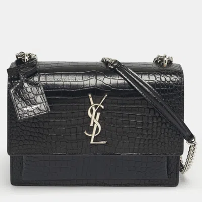 Pre-owned Saint Laurent Black Croc Embossed Leather Medium Sunset Shoulder Bag