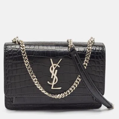 Pre-owned Saint Laurent Black Croc Embossed Leather Mini Sunset Chain Bag