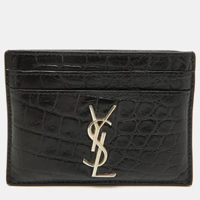 Pre-owned Saint Laurent Black Croc Embossed Leather Monogram Card Holder