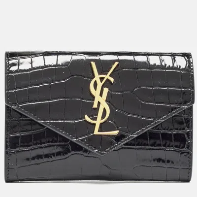 Pre-owned Saint Laurent Black Croc Embossed Leather Monogram Compact Wallet