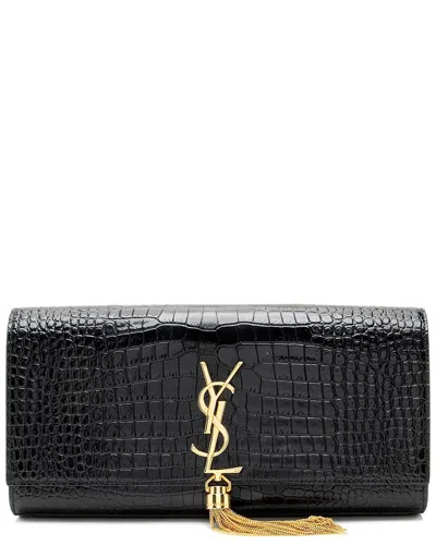 Saint Laurent Black Croc-embossed Leather Monogram Kate Tassel Clutch  (authentic Pre-loved)