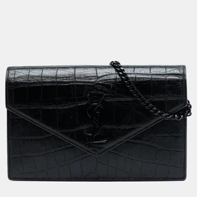 Pre-owned Saint Laurent Black Croc Embossed Leather Monogram Monochrome Envelope Chain Wallet